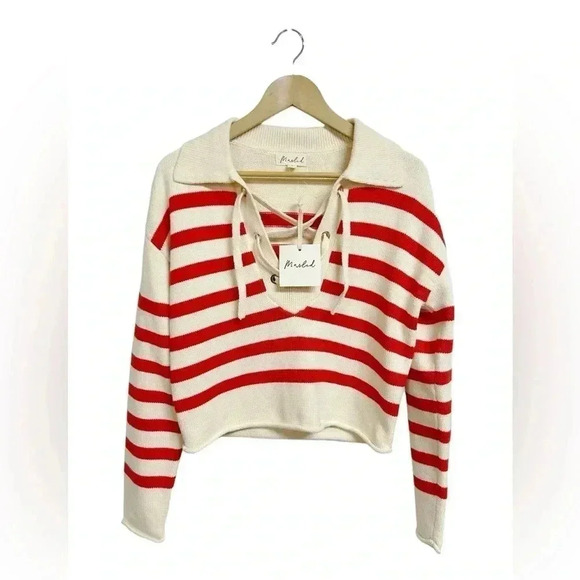 Marled Red and Cream Striped Lace Up Aria Sweater Size Small NWT - Picture 7 of 7
